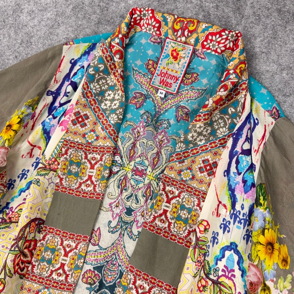 Johnny Was Silk Kimono Blouse Medium Patchwork Floral Tie Front Cardigan Wrap